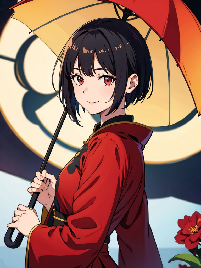 Red Chinese dress, 1 girl, One, black hair, short hair, upper body, smile, umbrella, mature woman,
