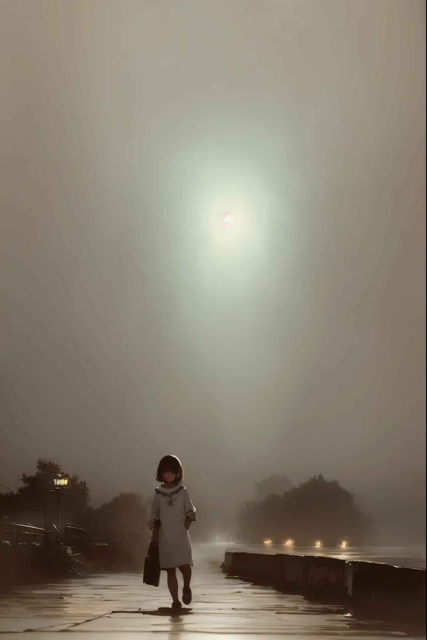 plano general, whole body, (Cute young attractive teenager, Strong gothic makeup emerging from a thick fog, a phantom on the street:1.5) a town on the shores of the lake, a white birch forest and an apple orchard, a starry night, ((Matias_adolsson style!)), gloomy and foggy atmosphere, Surrealism, The absurdity of tenderness, Attraction and rejection of extraordinary appearance, naive magic art, primitivism, protogeno, , ((Best Quality, masterpiece)), ((more detail)), impression:1,1, 8k