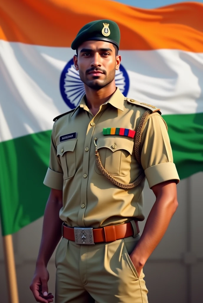 A 20 years old healthy and handsome boy who wearing a Indian army dress on which Anurag Kumar is written and there is a Indian flag behind on which Vande Mataram is written