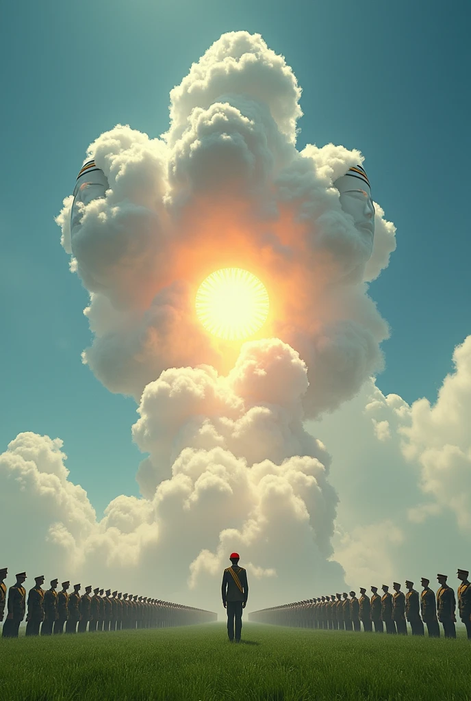 In cinematic 3d render style."The sky is painted with the faces of soldiers in Indian military cap, created from wisps of clouds, each wearing a tricolor uniform. The Ashoka Chakra glows in the center, radiating light across the sky. Below, a row of soldiers stands in perfect alignment, saluting with dignity, while the grassland reflects shades of green, echoing the Indian flag’s colors."