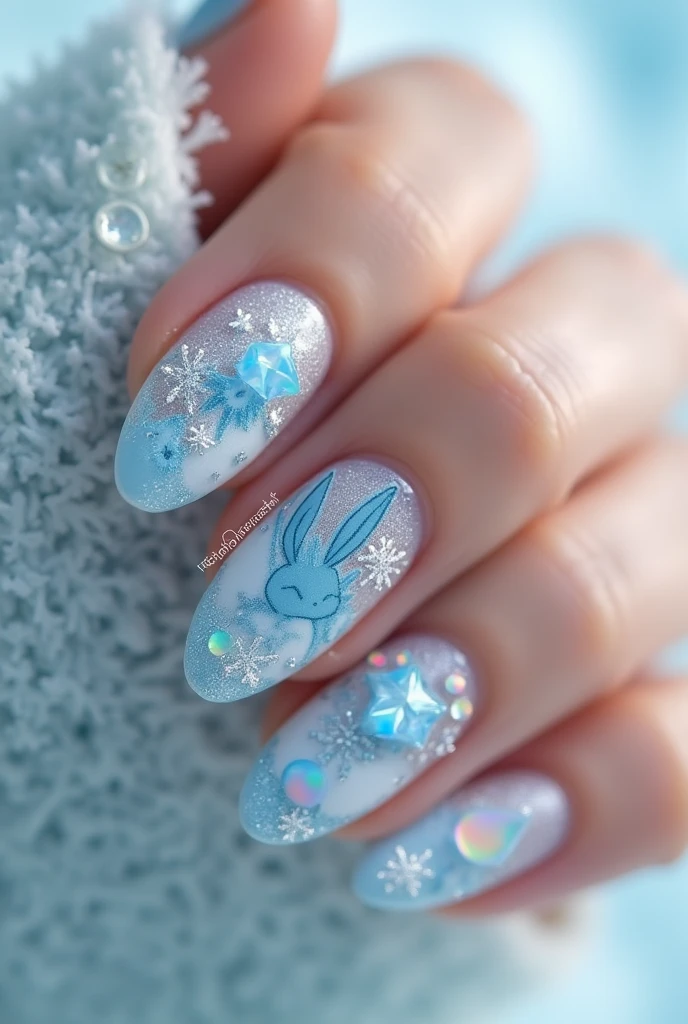 Make multiple desings of nail art bases on glaceon from pokemon on both hands about glaceon of pokemon