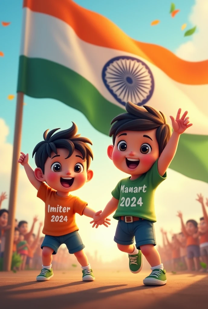 "Background indian flag"
One girl and boy "TAMANA "MISTER" Enjoying Independence Day" There shart front side there name "TAMANA " MISTER" 15 august 2024