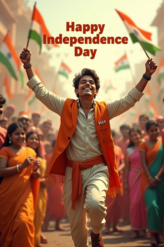 1. A real 25-year-old boy joyfully celebrates Indian Independence Day. He is wearing traditional Indian outfits with the name "deep written on his attire. Above him, in the sky, the words "Happy Independence Day" are displayed in a bold font. The backdrop is filled with people celebrating, enhancing the festive and patriotic spirit of the day.