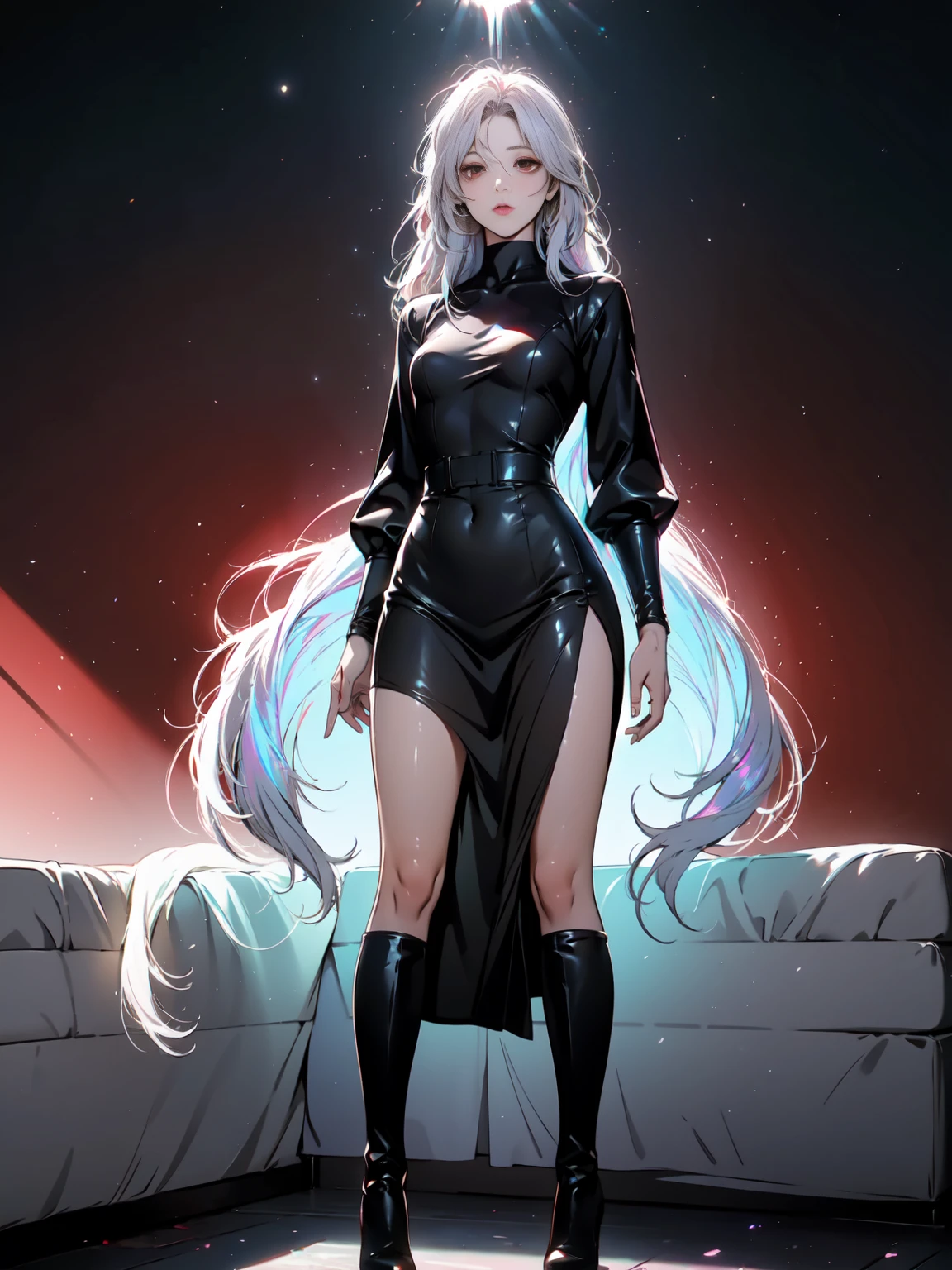 Girl with long white hair down to her waist, with small red details, red eyes, long black dress with a leg slit, with red details, long black boots up to below the knees, white skin, the ground around her is cracking and small stones are floating around her surrounded by a black aura, she is surrounded by shadows, and the background is dark like the night with the universe and stars, her presence causes fear, her shadow appears to be a monster, 8k, high quality, full body, (ultra-realistic), {extremely detailed 8k CG unit wallpaper}, expansive landscape photograph, (light: 2.0), (warm light source: 1.5), complex details, (iridescent colors: 1.5), (bright lighting), (atmospheric lighting), surreal, impressive, fantasy, (Solo: 1.2), White moon