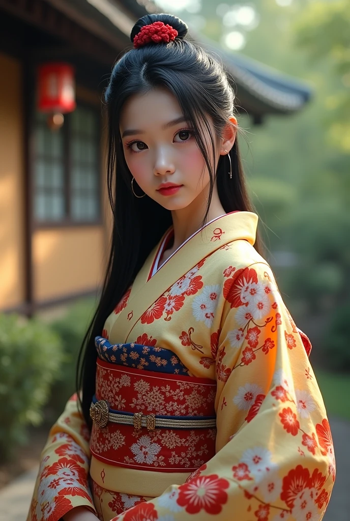 最high quality、high quality、Best image quality、8k、最High resolution、High resolution、最high quality、masterpiece、RAW Photos、whole body写真、A very cute face like an idol、Smiling Kindly、Detailed and realistic human body、Detailed and realistic skin、Realistic face in every detail、Detailed and realistic eyes、Detailed and realistic lips、Detailed and realistic teeth、Detailed and realistic ears、Detailed and realistic hair、Detailed and realistic weapons、Realistic reproduction of every detail、Realistic fingers in every detail、(Beautiful Hands、thumb１reference４)、Realistic feet down to the last detail、((Beautiful Japan))、(Japanese Model)、((18 year old beautiful girl))、(Black Hair)、(Straight hair)、((whole body))、(Slim and perfect figure)、(whole body光沢肌、Fair skin)、Detailed and realistic human body、Detailed and realistic skin、Realistic face in every detail、Detailed and realistic weapons、Realistic fingers in every detail、Detailed realistic feet、Soft natural light、(Maiko、geisha、kimono、Long-sleeved kimono、yukata、Japanese tradition、Samurai residence、Japanese garden、(((Colorful floral pattern(丈が短いkimono)))、(((kimonoめくり(kimonoの裾を上げる)))、(((Beautiful thighs(Sexy panties are in sight)))