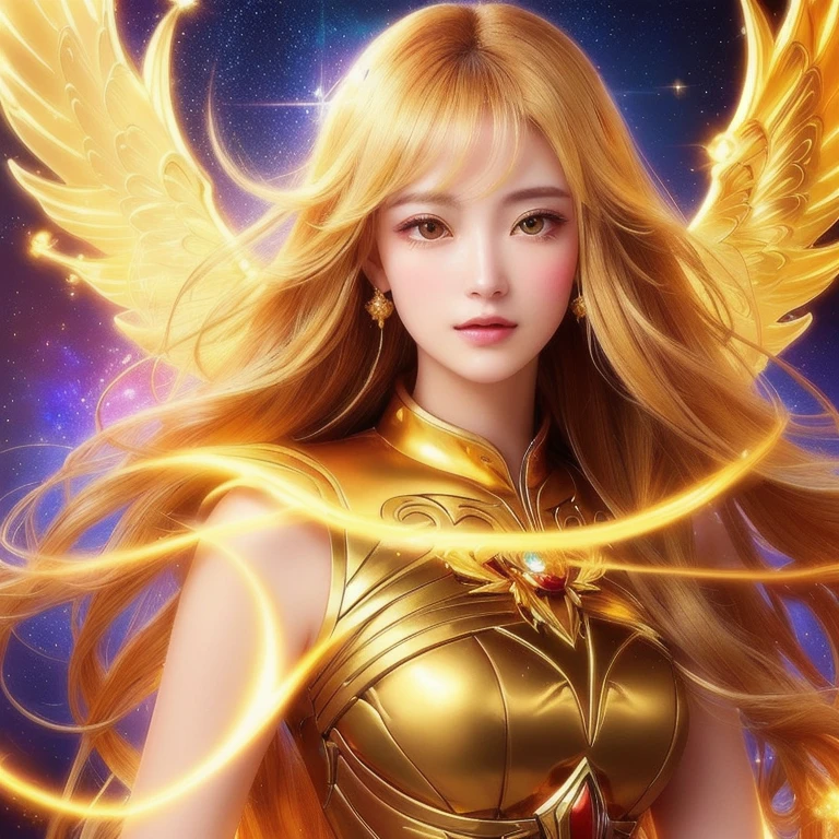 A character icon of a woman in a gold dress facing forward,Slightly anime style、Close-up、Abstract images, Beautiful Celestial Magician, Angel，Heavenly Goddess, Mystical golden light emanates from the background, Fantastic fantasy, Beautiful Fantasy Empress,,Goddess of space and time, Astral Ether, Shining golden aura, Goddess of Light, A surprisingly young and mysterious person,