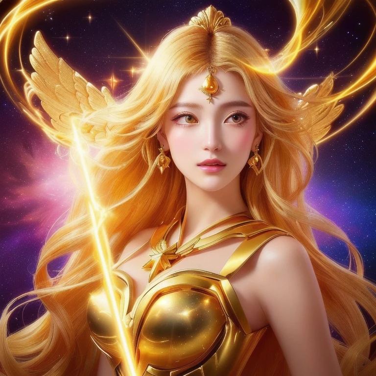 A character icon of a woman in a gold dress facing forward,Slightly anime style、Close-up、Abstract images, Beautiful Celestial Magician, Angel,Heavenly Goddess, Mystical golden light emanates from the background, Fantastic fantasy, Beautiful Fantasy Empress,,Goddess of space and time, Astral Ether, Shining golden aura, Goddess of Light, A surprisingly young and mysterious person,