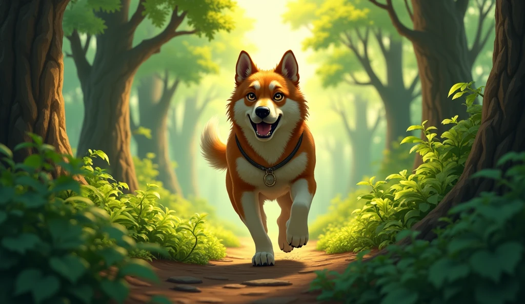 **Forest Scene with Brave Dog Walking**:
   - A brave dog with a determined look walking through a dense, green forest. Tall trees surround the path, and the sunlight filters through the leaves, creating a serene yet adventurous atmosphere.