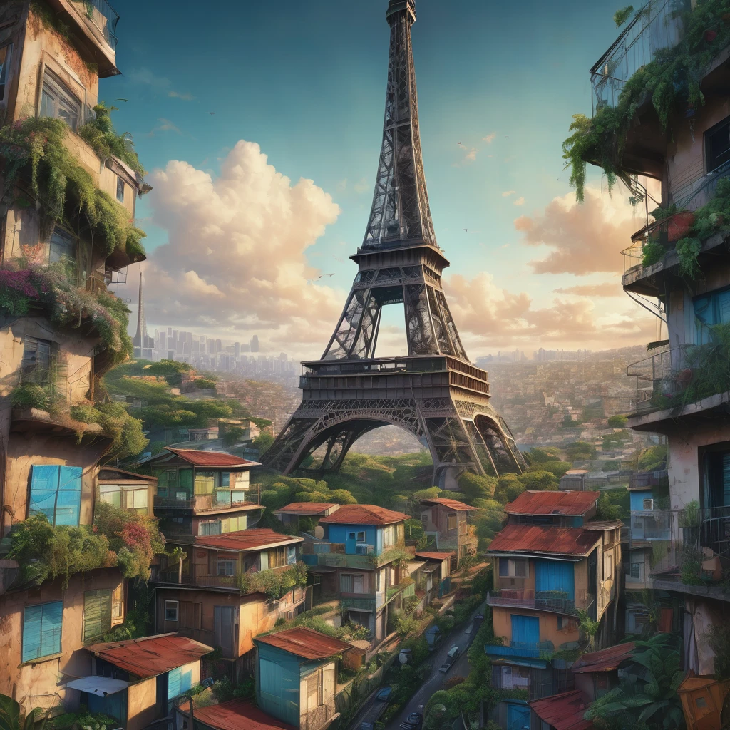 a detailed futuristic painting of the Eiffel Tower made of houses in the middle of a Brazilian favela, intricate architecture, overgrown plants, cinematic lighting, vintage album cover style, ultra-detailed, masterpiece, photorealistic, 8k, dynamic composition, dramatic colors, moody atmosphere