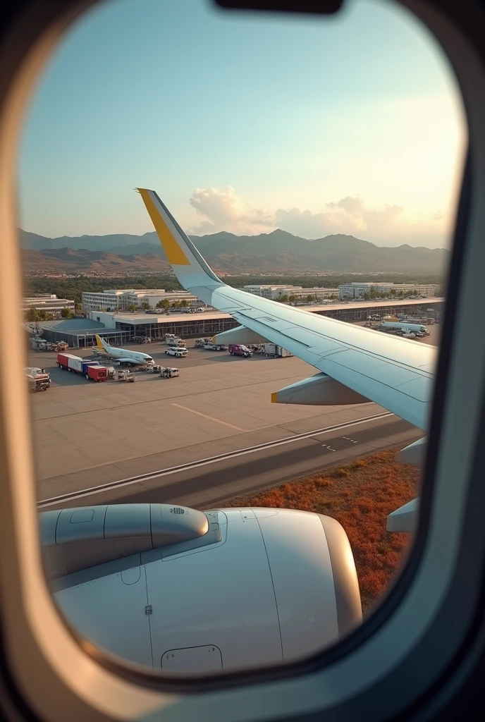 Hi, can you help me generate a realistic image from a photo taken with a cell phone from an airplane window as it lands at the airport in Spain?