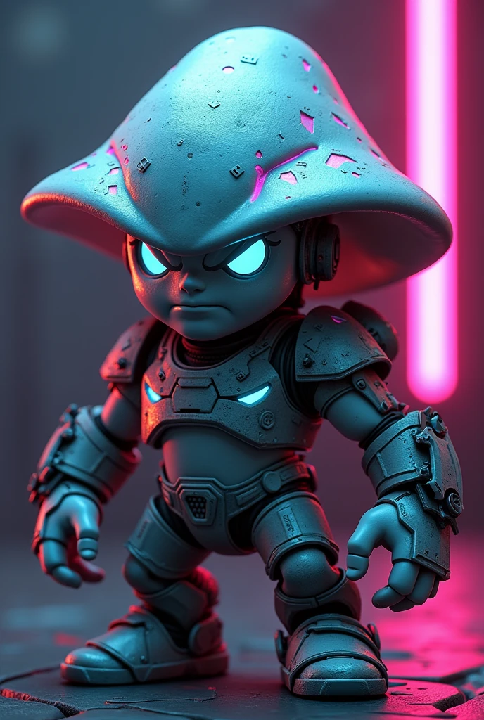 Design a high-quality, 3D-rendered character of a masculine, cyberpunk-themed white mushroom, enhanced with futuristic accessories. The mushroom should have a rugged, angular cap with metallic textures, featuring subtle neon circuit patterns glowing in cyan and magenta. The cap should include small mechanical details like vents, embedded wires, and even a holographic visor that covers one eye, adding a layer of advanced technology. The eyes should be sharp and intense, with a glowing neon-blue hue, exuding power and confidence. The mouth should feature a confident smirk, slightly more pronounced, conveying a tough, rebellious attitude. The stem should be thicker, with visible mechanical components, armor-like plating, and a digital interface panel glowing with data. The texture should blend the natural surface of a mushroom with cybernetic enhancements, such as exposed circuits, small metallic panels, and synthetic fibers.
Design a high-quality, 3D-rendered character of a masculine, cyberpunk-themed white mushroom. The mushroom should have a rugged, angular cap with metallic textures, featuring subtle neon circuit patterns glowing in cyan and magenta. The cap should include small mechanical details like vents and embedded wires, giving it a futuristic, high-tech appearance. The eyes should be sharp and intense, with a glowing neon-blue hue, exuding power and confidence. The mouth should feature a confident smirk, slightly more pronounced, conveying a tough, rebellious attitude. The stem should be thicker, with visible mechanical components and armor-like plating, seamlessly blending organic and synthetic elements. The texture should blend the natural surface of a mushroom with cybernetic enhancements, such as exposed circuits and small metallic panels.
The overall design should reflect a strong cyberpunk aesthetic, with dark, sleek colors contrasted by bright neon lights. The character’s pose should be strong and assertive, possibly with one foot forward and the c