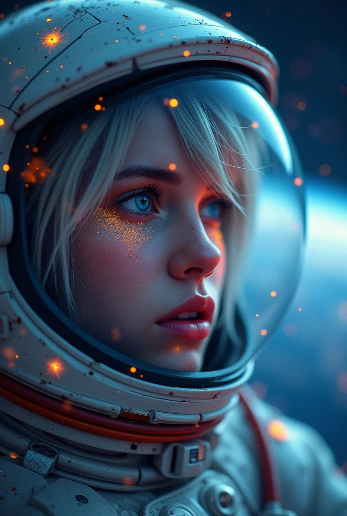 (Close-up of a better masterpiece:1.5)0.9], (Space and astronauts:1.2) (Messy silver hair:1.1) (Heterochromia xanthochromia and blue eyes:1.2) (Space Helmet:1.0) (Colored stars in the eyes:1.0) (A radiant glow:1.1) (thick lips:0.9)