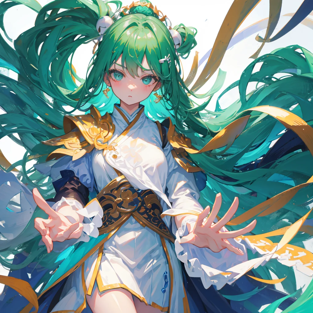 A girl with a ball head，Side to the lens，Expression full of disdain，hair，Gorgeous clothes，Green-white tones，Hanfu，antiquity，Ink floating around the body，Splash ink style，White ornaments，((Pure white background))