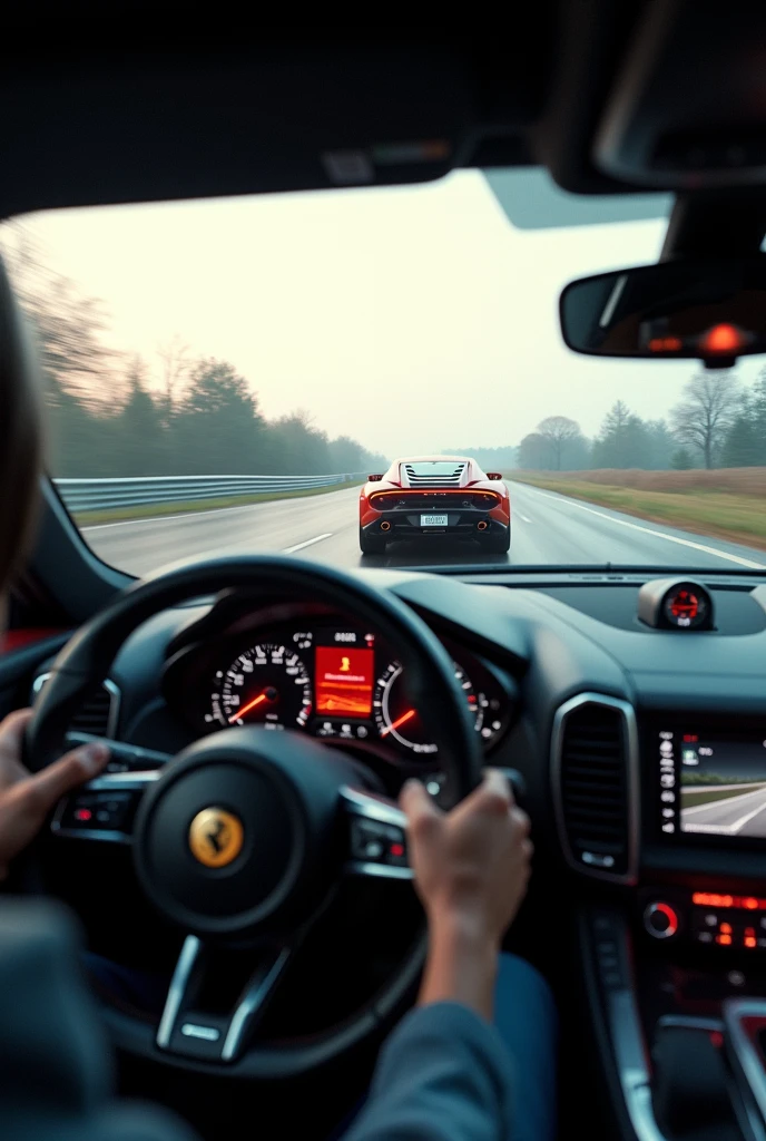 a high speed sports car driving at high speed, right driver view from steering wheel, speedometer showing very high speed, detailed car interior, fast motion blur, dynamic composition, cinematic lighting, vibrant colors, dramatic tension, photorealistic. Zoom photography, 8k, best quality