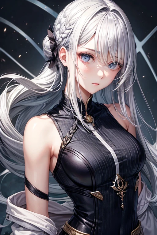 woman、Hairstyle with all hair swept back、Odd Eye、Silver hair back、male、Her hair is shoulder-length、Odd Eye、male'Left eye is red、male right eye blue、Increase the wide angle、Clear Eyes、male、White and gold magic costume.(Swimwear)、