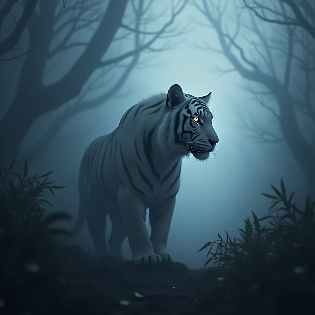 mystic fog,A tiger shining in the mist. Tiger silhouette.white tiger,glowing eyes tiger,