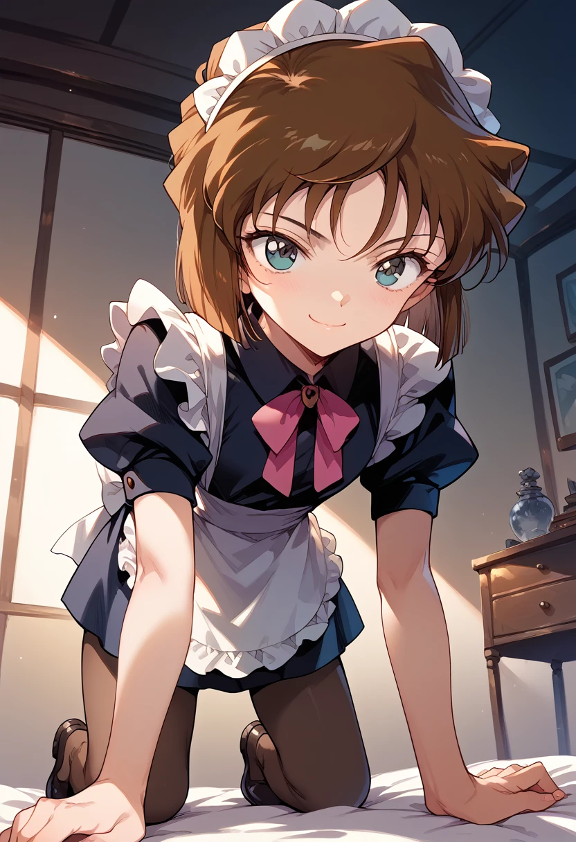 masterpiece,High resolution,Highest quality,8k(Detective Conan,Haibara Ai) (,,Flat Chest,short,Brown Hair,short hair) ((Maid clothes))On all fours,From below,smile