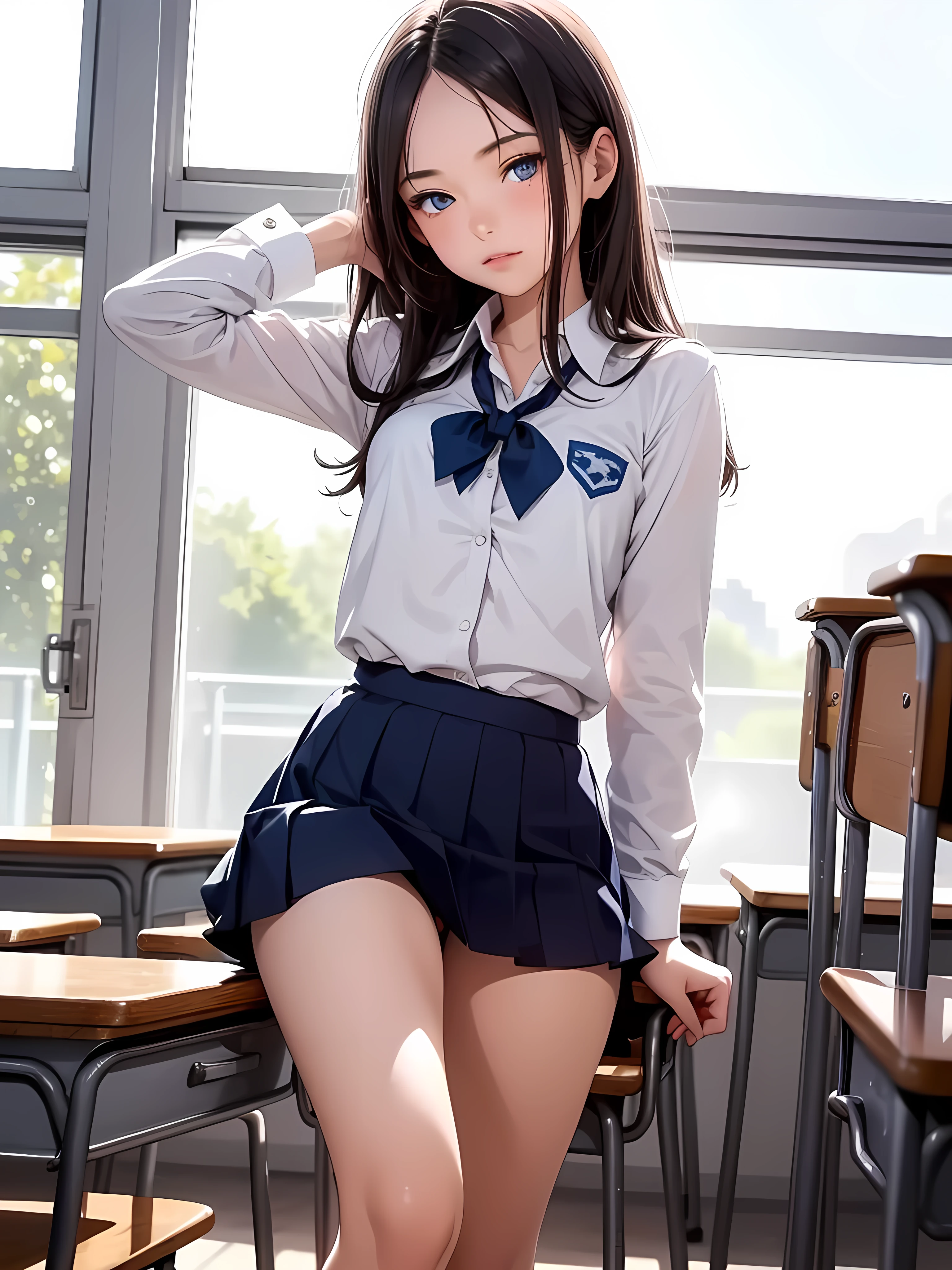 1 person, , Dynamic pose, Dynamic Angle, Pose placement,Top quality work，Show off your legs，(Long white hair),(blue eyes), Rose Cheeks, Pretty face, Perfectly balanced face, Swimwear, (School uniform), (Erotic),School, In the classroom,  round small breasts