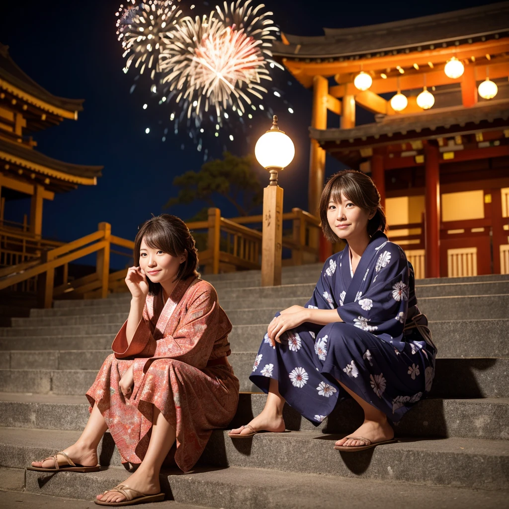 A woman in her 40s sits on the steps of a shrine on the day of the fireworks festival, Attractive pose,, wearing a casual pose, Long-hemmed yukata, Shot with Canon EOS 5D mark iv, Thoughtful pose, Shot with Canon EOS 5D, Woman posing,, Wearing a yukata, Cute young woman, Brown Hair、Fireworks are going off、Shrine at night