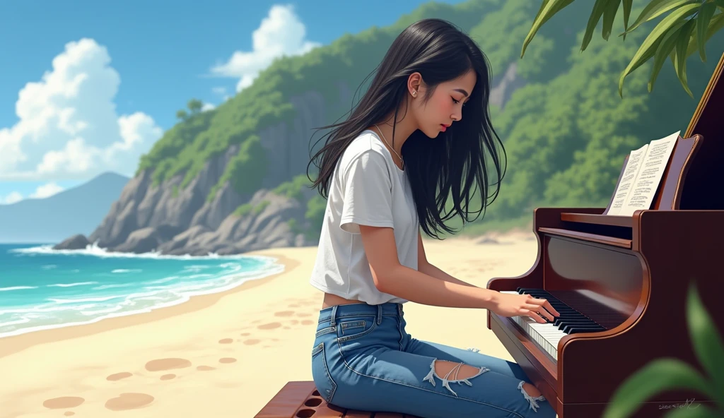 top-quality、8k picture、((masterpiece, Best Quality))1 girl in, Solo, white tshirt, playing piano, musical instrument, Long hair, Music, One side up, black hair, playing guitar, ripped jeans pants, beach background, winding,