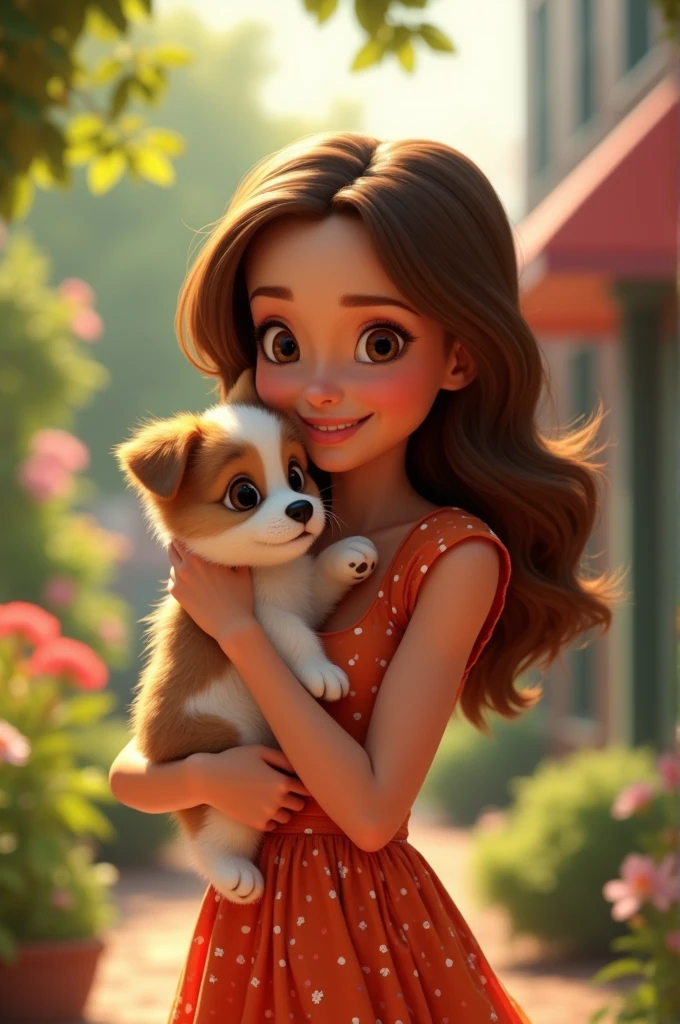 Girl Blair Waldorf hugging a puppy in a Disney Pixar style