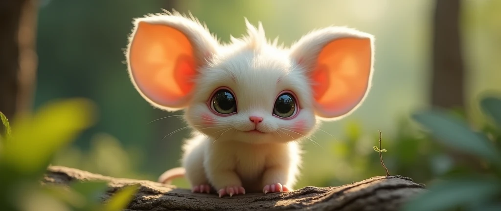 A cute little animal that doesn't exist in reality. Realistic fur, big eyes, big ears. Real-life photo.