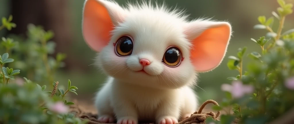 A cute little animal that doesn&#39;t exist in reality. Realistic fur, big eyes, big ears. Real-life photo.