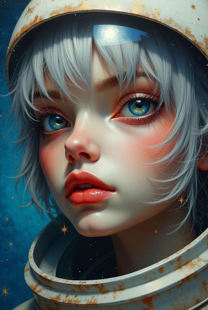 (Close-up of a better masterpiece:1.5)0.9], (Space and astronauts:1.2) (Messy silver hair:1.1) (Heterochromia xanthochromia and blue eyes:1.2) (Space Helmet:1.0) (Colored stars in the eyes:1.0) (A radiant glow:1.1) (thick lips:0.9)