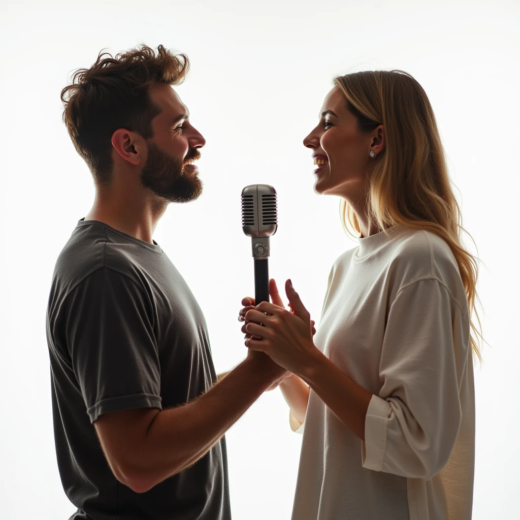 man and a woman singing together in a studio with a white background. Show both of them in full performance. IMAGE TAKEN WITH A CANON 4K DSLR