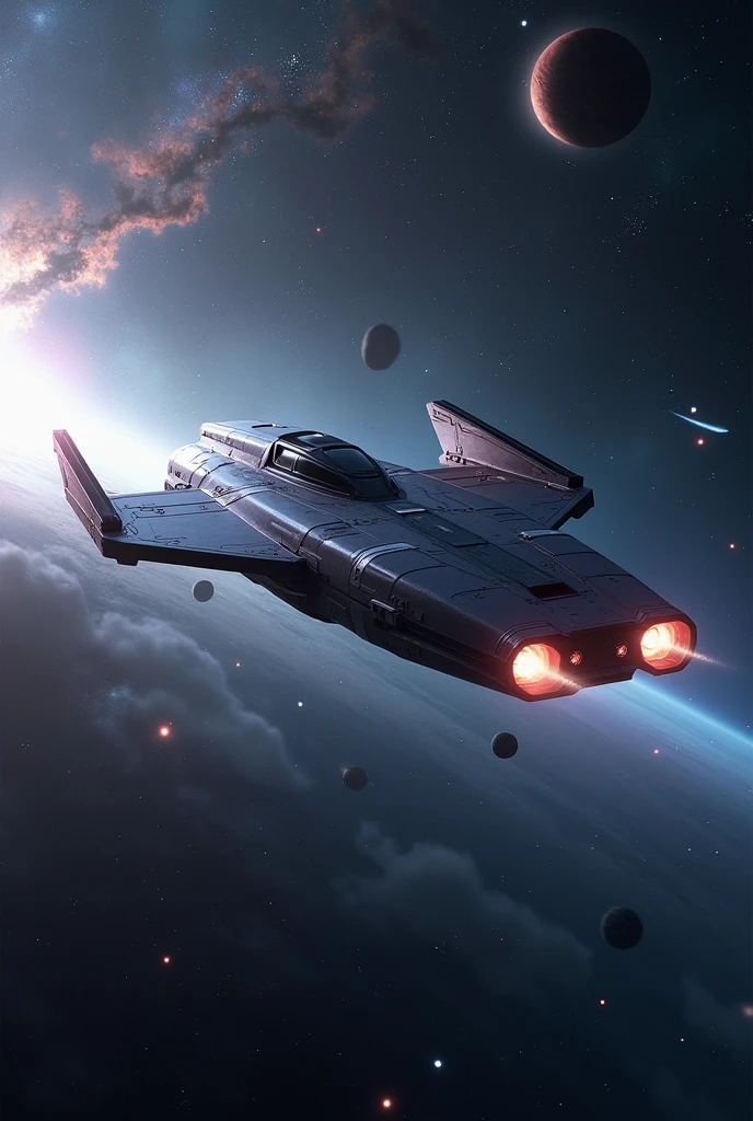 Draw a spaceship flying through space