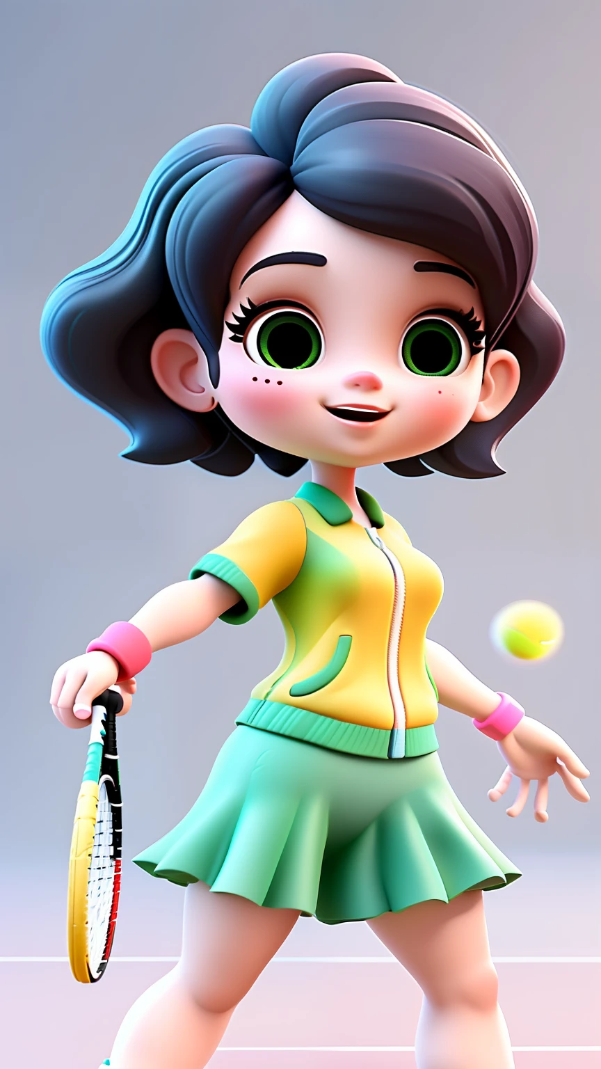 an Asian cartoon female, (wearing green sportswear, play tennis, white background,Holding a tennis racket,Full of vitality,Happy face)in the style of interactive pieces, Rim lighting, soft gradients, charming illustrations, daz3d, animated gifs, shiny/glossy, ue5, hallyu, bold character designs, realistic impression