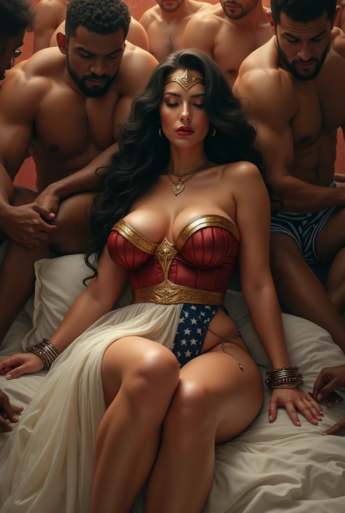 I am a Wonder Woman sitting on the bed,whole body、thick legs、round ass、The perfect Wonder Woman outfit,Men lick my face with their tongues,The guys lick my head with their tongues,Men lick my hair with their tongues,My body is licked by men,sleeping face, Close ~ eyes,Open your mouth,Huge breasts, mature women, Cover your breasts with clothes ),on the bed,background:bedroom,naked blackman,Strong black man,naked man。Tight transparent underwear,long white evening skirt,Camel toe,High heel,on the stage(background:Male audience,Male audience),Well-proportioned body,Thin legs,open mouth,Handcuffs,BDSM,chains,dog-chains
