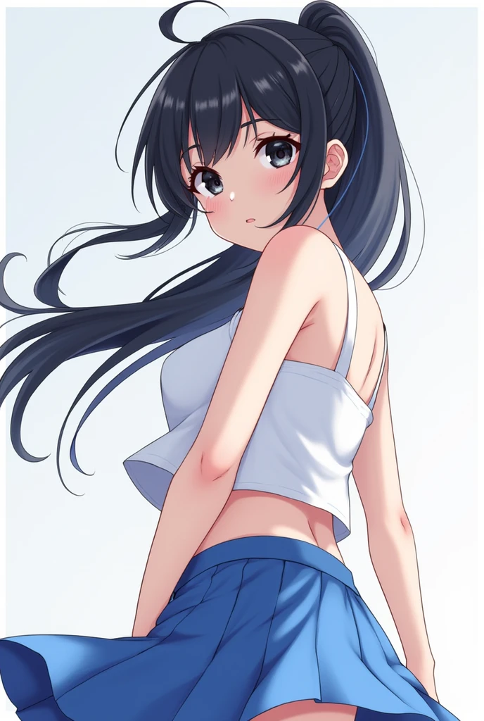a girl with black hair in a ponytail, Blue mini skirt, top crop white, anime, with all parts of its body visible, black eyes