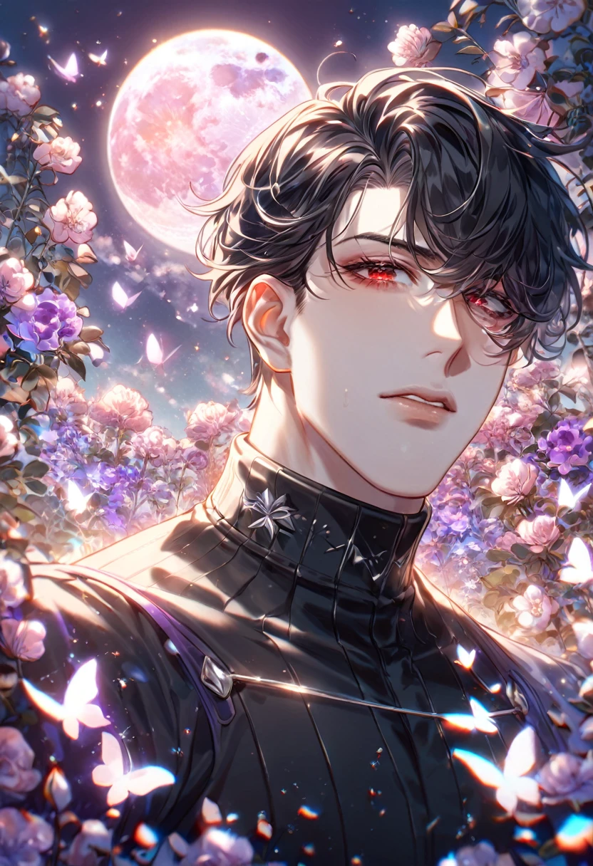 absurdres, highres, ultra detailed, HDR) master piece, best quality, extremely detailed, delicated features, Jaehwan, black hair that parts just above his left eye, expressive red eyes, The World After The Fall, solo, sexy man, handsome, black coat, black tight turtleneck shirt, toned, black gloves, fantasy, magical, glittering, shining, purple flames, purple moon, purple flowers, purple butterflies, garden, omniscient Reader's Viewpoint