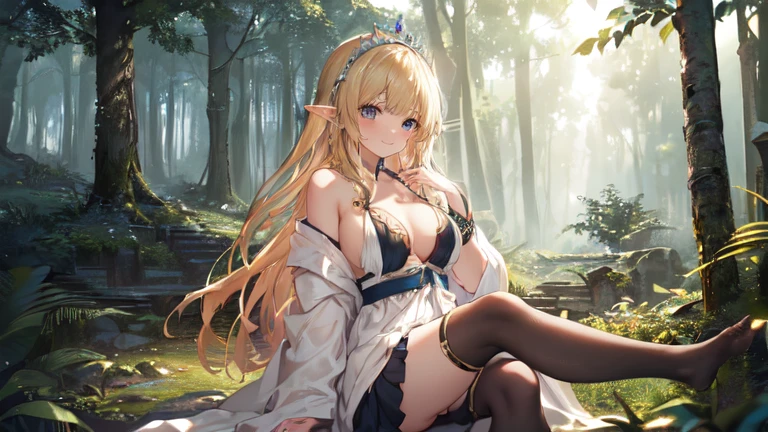 best quality、Highest image quality、Super beautiful elf beauty((22-year-old OL with big bust、Bust 90,Beautiful long permed hair、Blonde、Slender、beautiful tiara、high quality、Elf ears、Happy smile、myth、Sexy的、extremely good、Mysterious Forest、in the woods、super high quality, Super detailed, Ultra-clear, forest, one person, long blonde hair, sleep, Swimsuit, dress, dress, Bathrobe, mini skirt, Stockings, Sexy, looking into the distance,Overlooking, posture, attitude, model