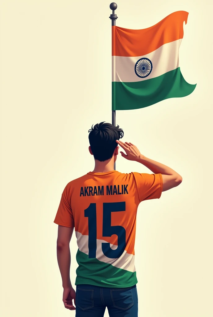 A 21 years old boy salutes the national flag of Bharat and he is wearing a shirt print is like Bharat flag and ” AKRAM MALIK” and 15 number and republic day in small written on it’s back in big and bold fonts, 3d illustration.