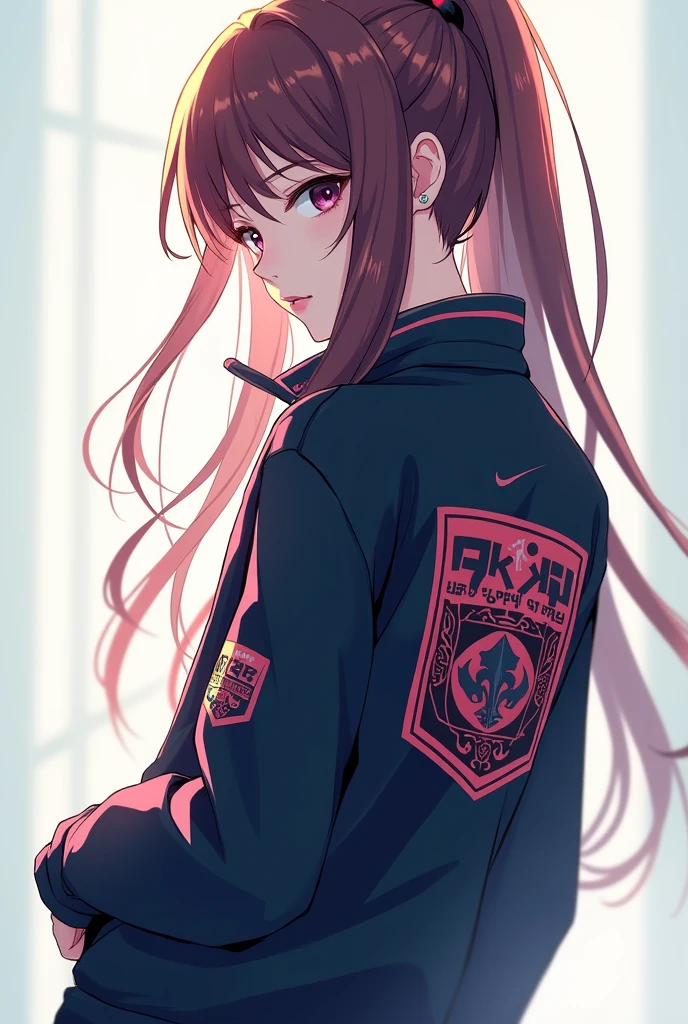 Anime Woman facing back like her head sidewearing jacket with the logo of the game Mobile legends and with my last name SUMIQUIAB