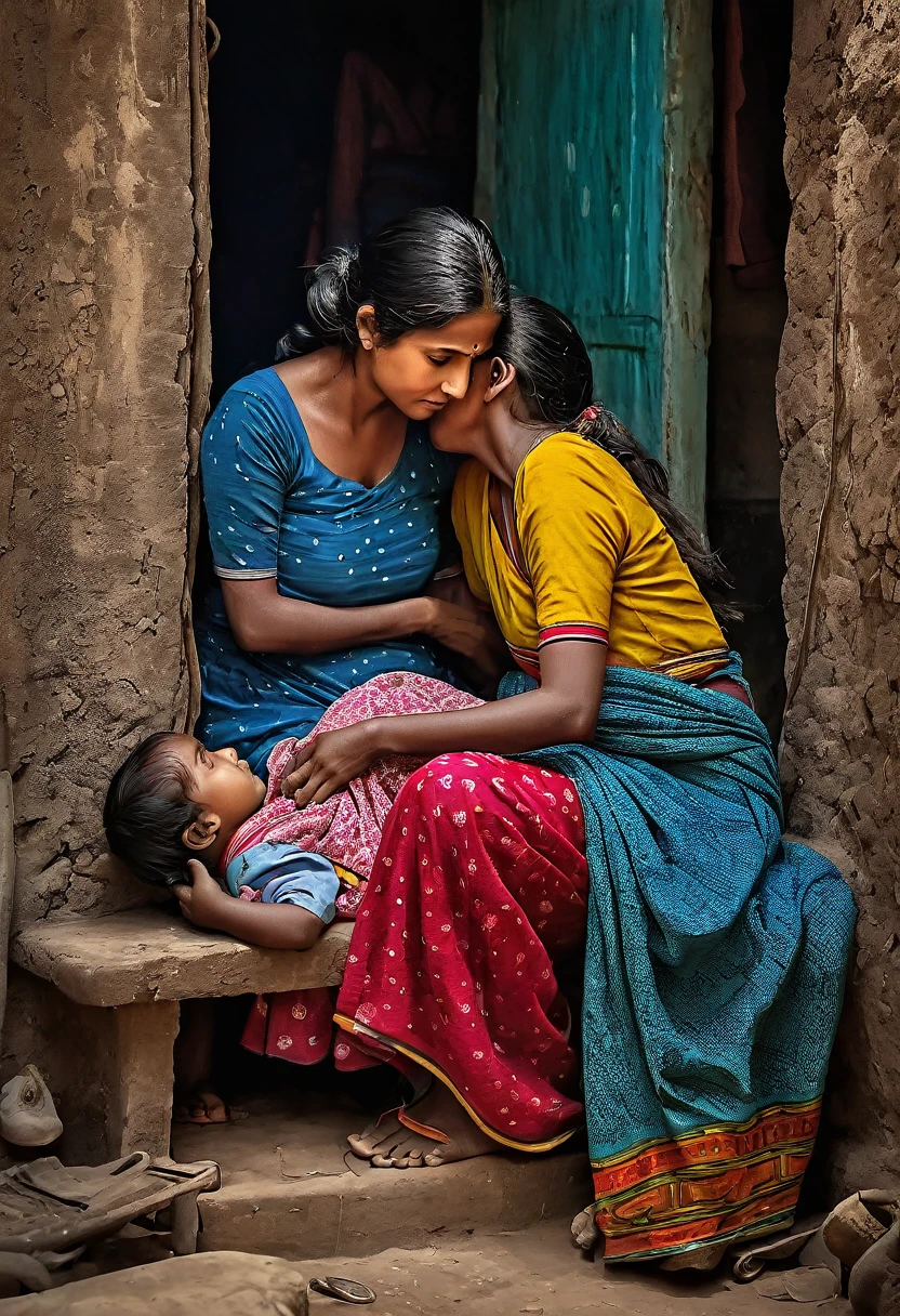 A picture depicting the hardships and responsibilities of a mother towards her child. Taking care of her child and her household. Also trying to support her family as much as she can.