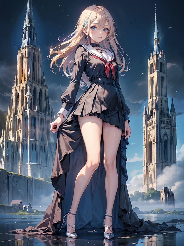 ((Biologically correct limb count)),(( From head to toe,Full-body photo including face)),4K,masterpiece,((Focus on the face)),((Symmetrical facial features)),Eyes with detailed description,Beautiful woman,Great style,Beautiful arms,Beautiful legs,Beautiful Hands,(Small Ass,Thin thighs),Detailed depiction of the face,Small earrings,necklace,(Will school uniform,dress((High heels))),((early morning)),(((blue blonde))),Realistic photo,Looking up,smile,((Mont Saint-Michel and its bay,Panty shot)),Nobody is here,(Thick Fog:1.3),(Pull up your skirt and show your pants)