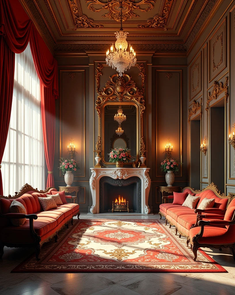 a luxurious room full of money, chandeliers, expensive furniture, opulent interior, ornate decor, lavish decorations, grandiose architecture, high ceilings, elegant lighting, gilded accents, plush carpets, marble floors, antique vases, crystal chandeliers, grand fireplace, luxurious curtains, ornate moldings, rich textures, vintage furniture, lavish lifestyle, sumptuous decor, regal ambiance, extravagant setting, affluence, lavish opulence, masterpiece, photorealistic, 8k, high resolution, cinematic lighting, dramatic shadows, vivid colors
