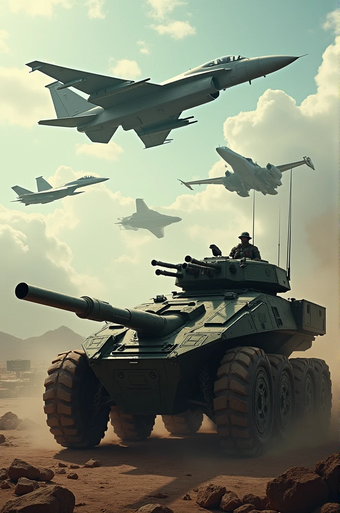 Create a YouTube image of military aircraft equipment. Mosil. spike. Rocket Launcher. War Chariots. Satellite.