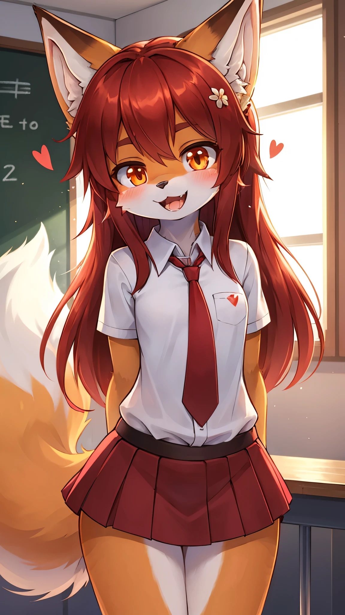 best quality,best resolution,solo,(fluffy anthro furry :1.6),(young :1.8),fox girl,flat chest,red hair,long hair,messy hair,orange eyes,glistering eyes,sparkle eyes,orange fur,(white short arms shirt with red tie),(red skirt),clasdes,flower hairpin,beautiful classroom,light and shadow,full face blush,heart expression,heart eyes glow,naughty face,smile,stand,open mouth,fang
