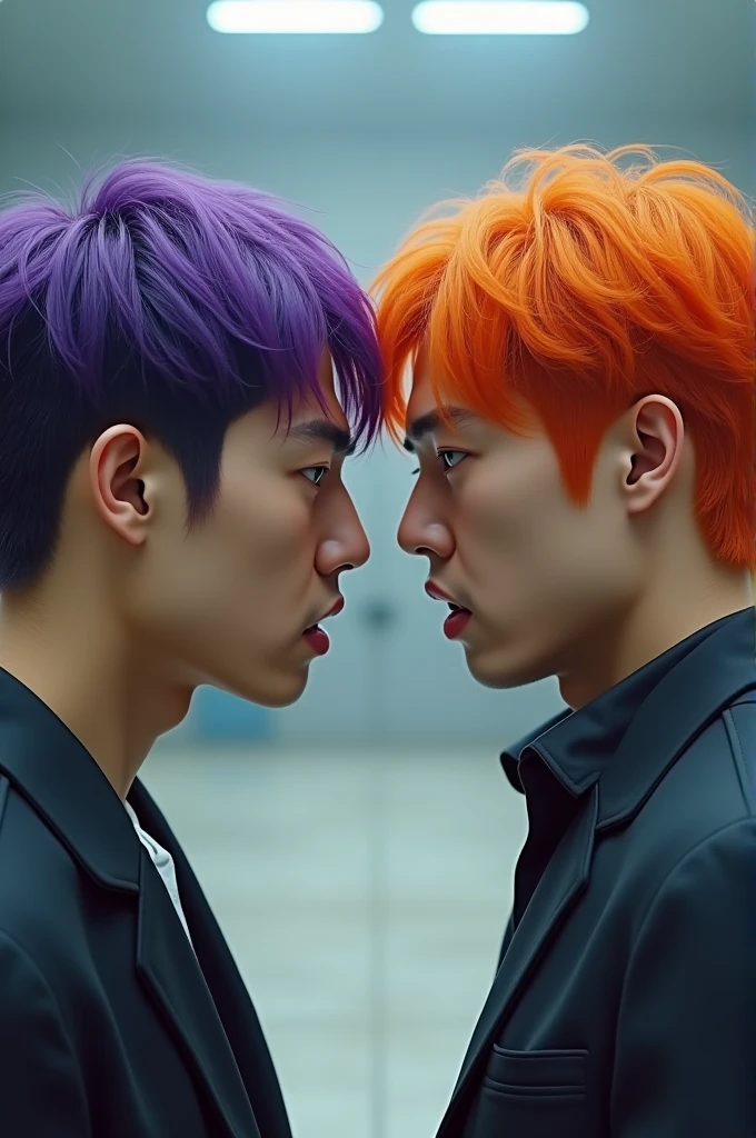 Two Korean men, one with purple hair and the other with orange hair, staring intently at each other.