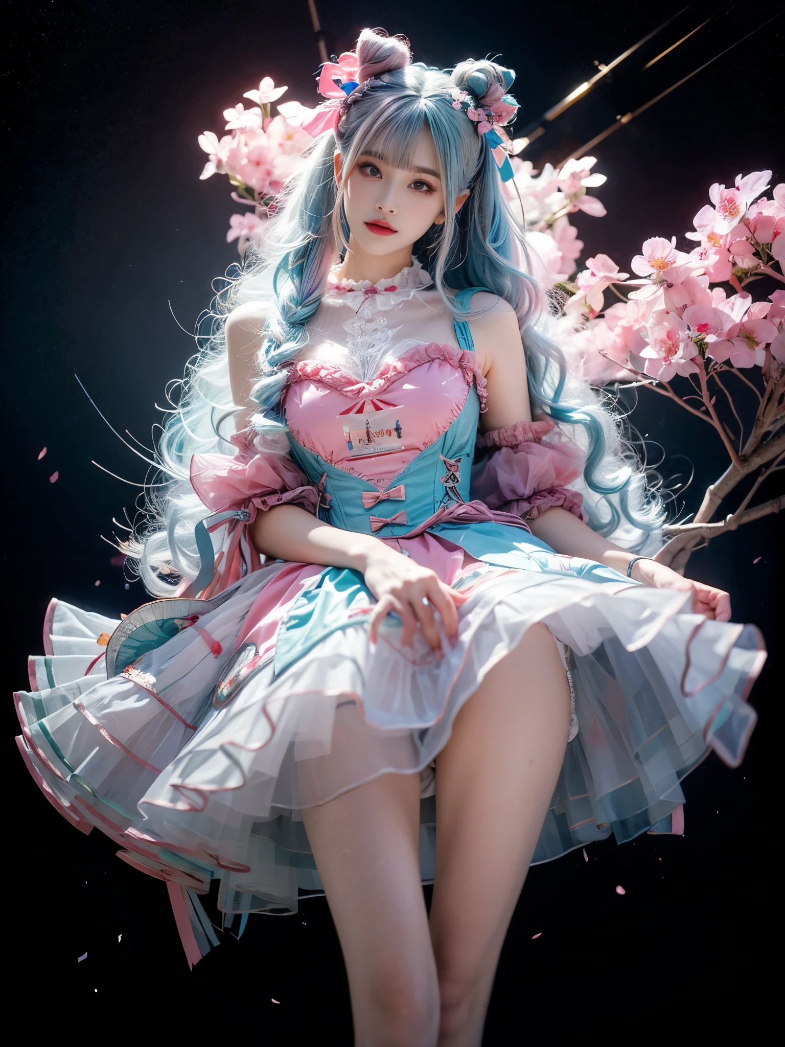 sweet_dress ((whole body)), Multi-colored hair,Striped hair,Cross Bangs,Messy hair,Colored contact lenses,Flower-shaped pupil,make up,shy,Blush,Parted lips,Heavy breathing,moan,torogao,Surrealism,Realism,Movie Lighting,Relief,Sony FE GM,Retina,masterpiece,precise,Anatomically correct,Textured Skin,Super Detail,High Detail,best quality,Beautiful dance dynamics, Long legs , Random scenes,Random shooting angles, ((Flowing long hair))Official Art , ((Bright pastel colors)), Unity8k Wallpaper , Extremely detailed , Visible cleavage, Pretty and beautiful , Sexy long legs, masterpiece , best quality ,Practical, Very detailed illustrations ,Extremely detailed , Intricate details , Extremely complex and detailed , Very detailed 8KCG wallpaper , Caustics .reflection , Ray Tracing , Devil Theme ,nebula ,Dark aura, Network Effects , (1 Girl)Solitary , (Blue plasma flame , Pastel tones in Rococo style ,light white and light red , Incredibly beautiful , Cherry blossoms ,painting , Ethereal , Mixing reality and fantasy elements, Complex patterns , Delicate lines, Starry Sky , rich and colorful , Star