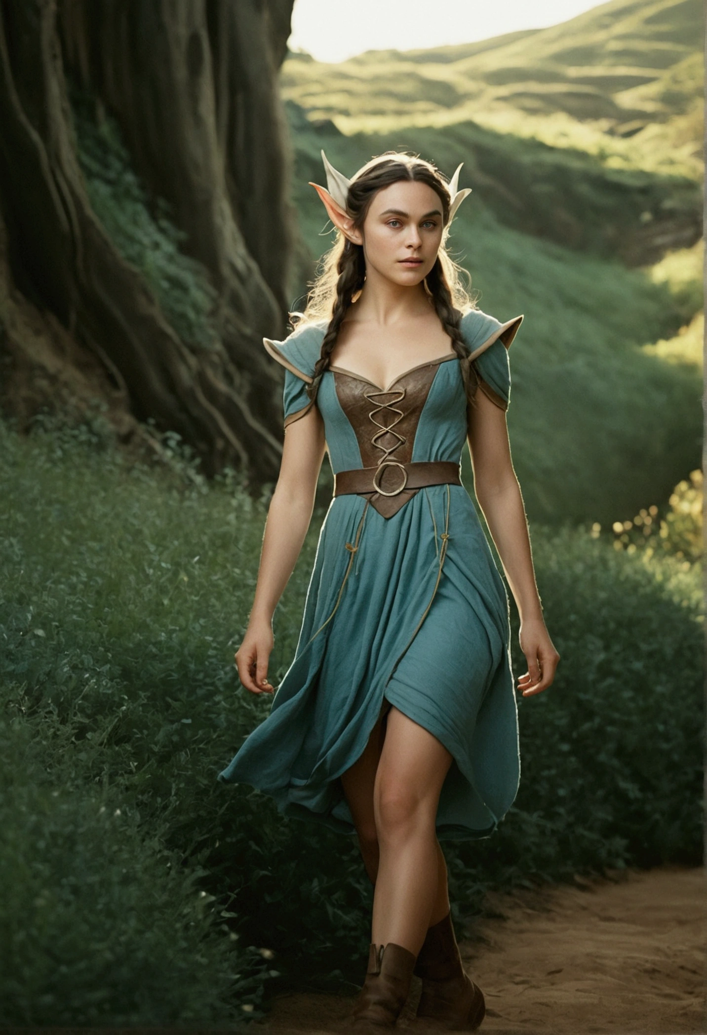 analog film photo, photo of an elven maiden, 18 years old, elf ears, dark long wavy curls, Amazonian stature, toned hourglass figure, busty breasts, narrow waist, full wide hips, big plump buttocks, wearing a lacey bra and a lacey thong, resembles Margaery Tyrell, strolling along a fantasy landscape, RAW Photograph, dslr, soft lighting, high quality, film grain, Fujifilm XT3, detailed skin with visible pores, insane details, masterpiece, 8k, 35mm photograph, dslr, kodachrome, faded film, desaturated, grainy, vintage, Lomography, stained, highly detailed, found footage, close-up shot, elven ears
