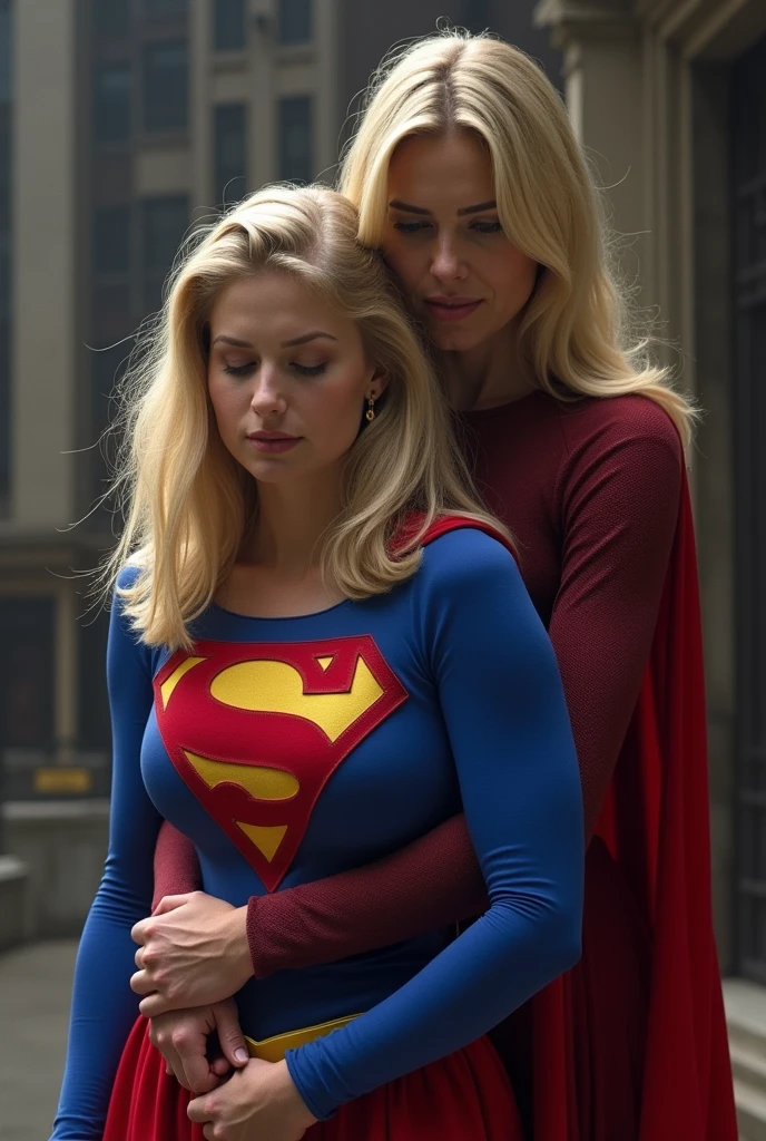 Epic realistic image depicting 1996 blonde beauty Supergirl with shoulder-length blonde hair wearing her iconic costume with red 'S' on a yellow diamond and blue skirt. An evil villainess has defeated Supergirl! The villainess hugs a helpless Supergirl closely, standing behind the weakened heroine and holding her upright. Supergirl's head droops down, resting on her shoulder, her eyes closed as the villainess hugs her close.
