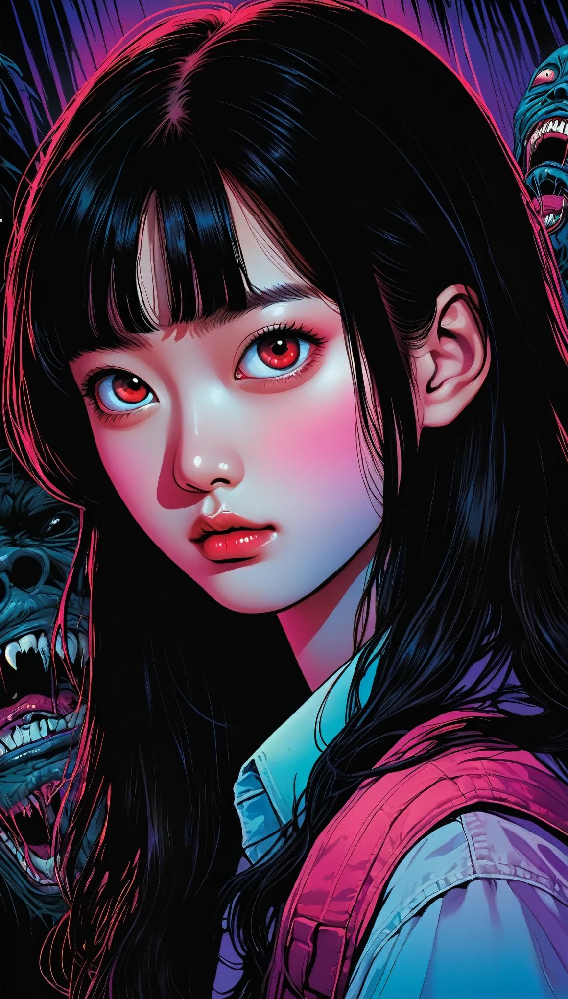 An illustration、art、80s Thai horror movie poster, Supervised by Junji Ito、(high school student:1.2)、storehouse、night、Attention to detail, Realistic Shadows、Analog Style, chromatic aberration, Surrealism、Complementary Gradient