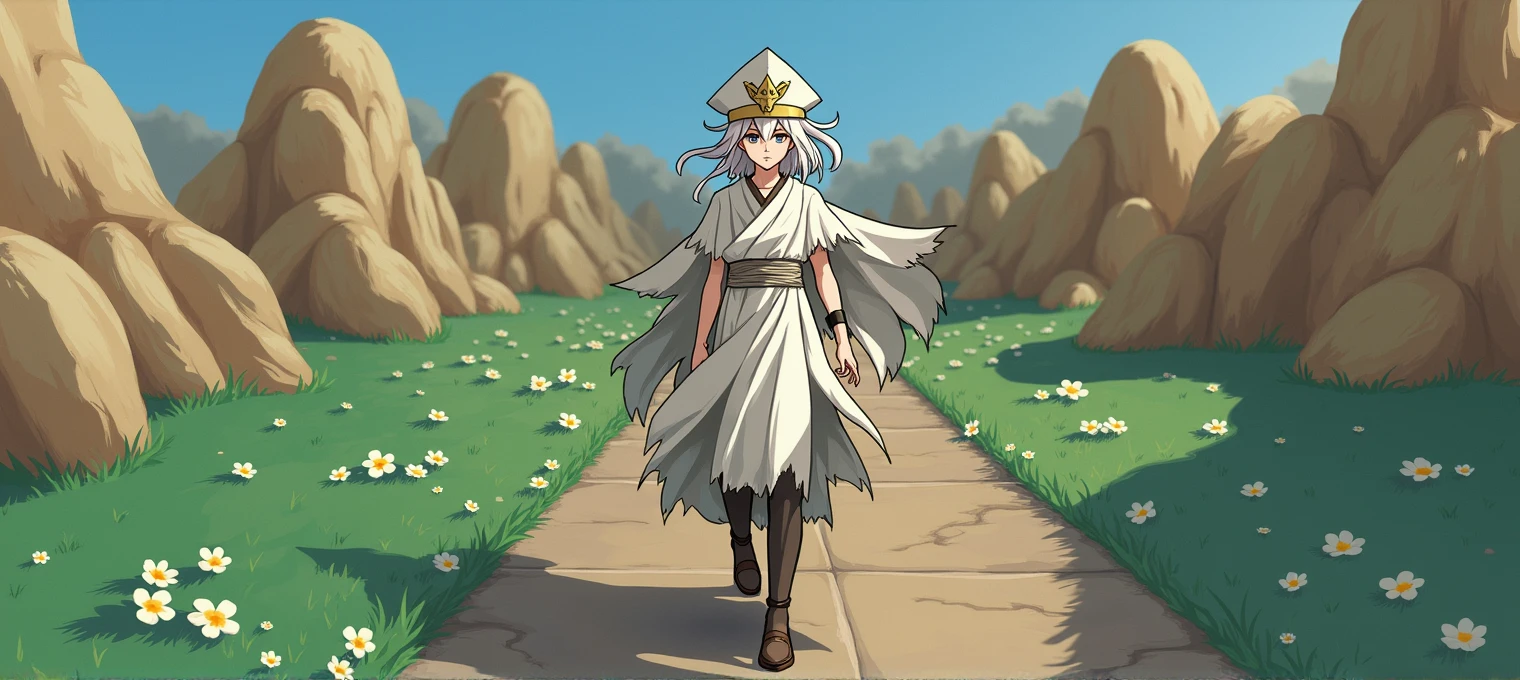 Anime male character with white hair and a white hat