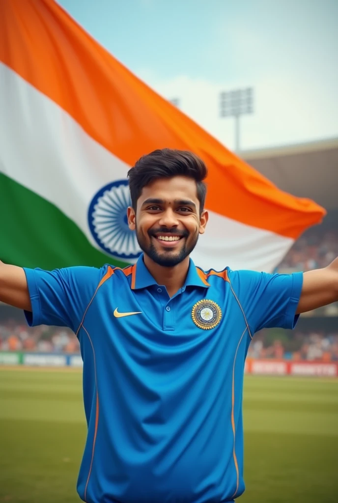"A young man proudly holding the Indian flag, wearing an Indian cricket team jersey. He stands tall with a smile on his face, symbolizing patriotism and unity. The backdrop features subtle elements that evoke the spirit of Independence Day, such as the Indian tricolor in the sky and a hint of traditional Indian culture in the surroundings. The overall mood of the image is celebratory and inspiring, reflecting the pride of being an Indian."