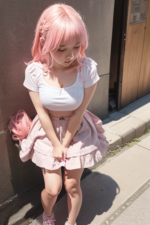 ((Highest quality)), ((masterpiece)), (detailed), One girl,alone,blush,Cute pink hair,She's going to the bathroom,avert your eyes,Are standing,Embarrassing、blush,Shut your mouth.,Street(she's peeing:1.7),mini skirt